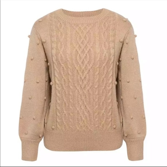 New Arrival! Tan Cable Knit Pom Pom Sweater Top - Picture 5 of 9